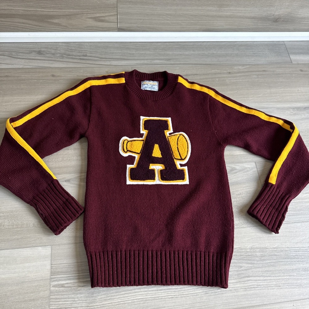 Vintage Bristol Products Letterman sweater Burgundy Yellow‎ LETTER A CHEER Small